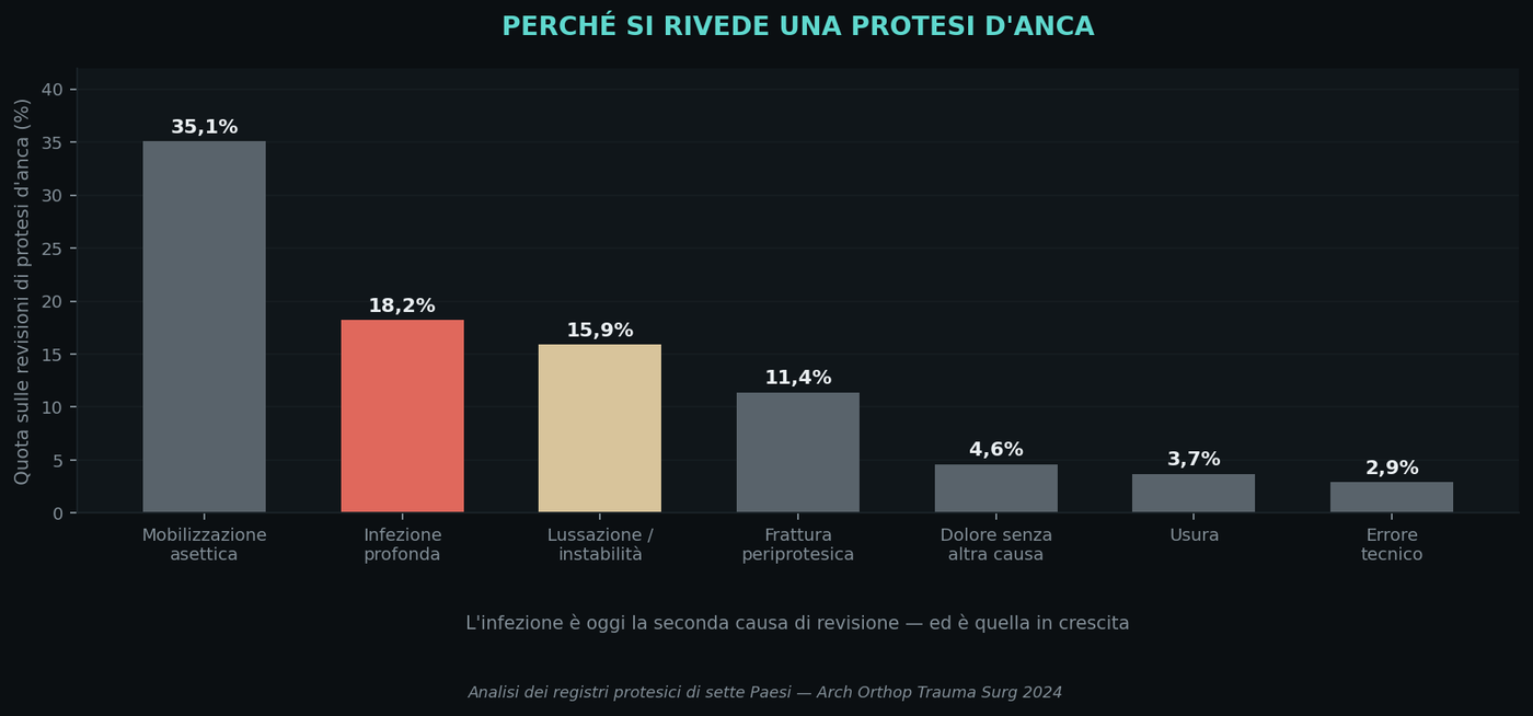 L'infezione è oggi la seconda causa di revisione — ed è l'unica in crescita.